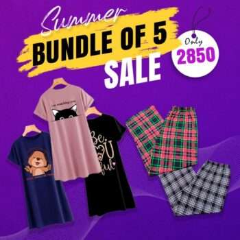 Bundle Of 5 - 3 Half Long Tees + 2 Plaid Wide Leg Pajamas