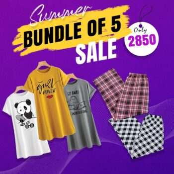 Bundle Of 5 - 3 Half Long Tees + 2 Plaid Wide Leg Pajamas
